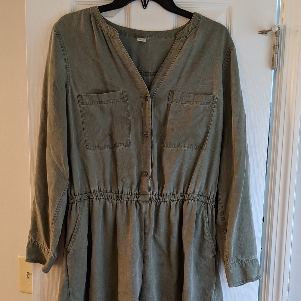 Olive Green Romper Button Up Long Sleeve